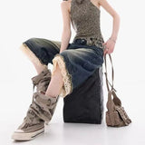 GETADME Summer Y2k Oversized High Street Spicy Girl Loose Wide Leg Cropped Pants Trendy American Washed Retro Sexy Lace Patchwork Jeans