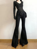 GETADME Women's Black Jeans Flare Pants Y2k Retro Emo 2000s Streetwear Fashion Trousers Harajuku Wide Yoga Pants 90s Aesthetic Clothes