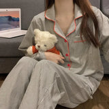 GETADME Pajamas Women Long Sleeve Trousers Summer Grey Cardigan Striped Sleepwear Loungewear Two Piece Set Ladies Nightwear Homewear