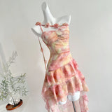 GETADME Summer Women French Vintage Graduation Off Shoulder Dress Mini Chiffon Tie Dye Frock Evening Shoujo Girl One-Piece Party 2000s