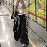 GETADME Y2K Streetwear Hip Hop Cargo Pants Women Summer High Waist Loose Plaid Patchwork Wide Leg Pants American Baggy Casual Trousers