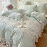GETADME 3/4Pcs Korean Princess-Style Bow Lace Ruffle Green Bedding Set 2-Person Boiled Cotton Bed Linen Duvet Cover Pillowcase Included