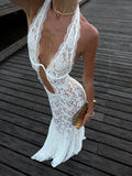 GETADME Sexy White Lace Hollow-out Halter Dress Women Chic Sleeveless Off-shoulder Backless Maxi Dresses 2026 Lady Vacation Beach Gowns
