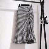 GETADME Trumpet Houndstooth Vintage High Waist Buttons Women's Skirt Korean Fashion Mermaid Mid-Calf Long Skirts For Women 2025 Spring