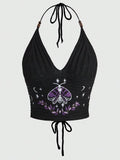 GETADME Women's Boho Halter Top Spring Summer Hippie Knit Beaded Celestial Design with Sun Moon Star Moth