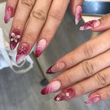 GETADME 24Pcs 3D Strawberry Rabbit Flower Fake Nails Press on Mid-length Almond Wearable False Nails Green Gradient Pearl Manicure Tips