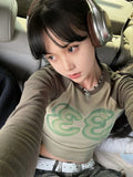 Getadme-Y2K Aesthetic Vintage Green Crop Top Women Kpop Grunge Slim Patchwork T Shirts Casual Long Sleeve Tees 90s Streetwear