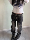 GETADME American Vintage Washed Distressed Pleated Button Jeans Women Streetwear Y2k Retro Full Length Pants Slim Spring Summer
