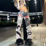 Jean baggy imprimé graffiti rétro style streetwear hip-hop Y2K pour femme, coupe ample, style japonais, décontracté, coupe droite.