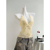 GETADME Women's Lace Camisole Tank Tops, Cream Halter Stretch Crop Dressy Tops for Date and Evening Events