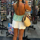 Getadme Bohemian Plaid Babydoll Tank Tops Coquette Tie-up Halter Neck Sleeveless Vest Summer Backless Crop Tops Women Holiday Streetwear