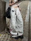 GETADME American Vintage Style Large Pocket Jeans New Fashion Women's Baggy Denim Pants Embroidery Patch Floor-Length Pants