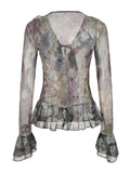 Chemises à volants en maille imprimée florale vintage GETADME pour femmes, transparentes et sexy, manches à volants, coutures ouvertes et lacets, vêtements esthétiques