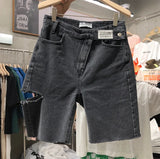 GETADME Large Size Hole Denim Shorts 2025 New Summer Women's Chic Design High Waisted Five Point Fashion Casual Straight Leg Shorts Tide