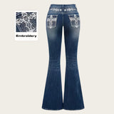 GETADME Jeans Flare Pants Women Vintage Boot Cut Embroidery Pockets Rhinestone Washed Female Distressed Denims Trousers Streetwear