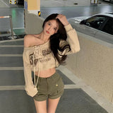 GETADME  Y2K Crop Sweatshirts Women Streetwear Print Bandage Hoodies Vintage Korean Off Shoulder Pullover Long Sleeve Casual Tops