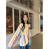 Getadme-Colorful Striped Oversize Lazy and Trendy Sweaters for Women in Autumn and Winter Tassel Knit Design Loose Fitting Couple Top