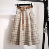 GETADME Plaid Vantage High Waist A-line Loose With Belt Pocket Women's Skirt Korean Fashion Mid-Calf Long Skirts For Women 2025 Spring