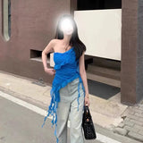 GETADME Blue Irregular Shoulder Strapless Top Women's Summer Korean Style Hot Girl Slim Fit Beautiful Top Commute Style Outerwear