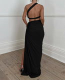 GETADME 여성 여름 2피스 의상 솔리드 컬러 비스듬한 어깨 민소매 섹시 탑 랩 힙 하이웨이스트 슬릿 롱 스커트 세트