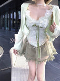 GETADME Japanese Pure Desire Sweet 3 Piece Set Women Chic Cardigan + Lace Top + Mini Fluffy Skirt New Fashion Y2k Slim Suit Spring 2025