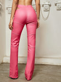 GETADME 2025 Pu Leather Flare Pants for Women Seam Details Cut Out Zip Fly Trousers Pink Girls Fashion Casual Going Out Pants