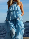 GETADME Chic Halter Pleated Women's Long Dress Flower Sleeveless Backless Cascading Ruffle Robe 2025 Summer Fashion Female Party Dresses