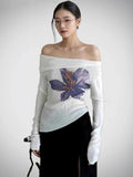 GETADME Trendix Knit Print Pullover For Women 2025 Summer Long Sleeve Asymmetric Top Ladies Party Sexy Off Shoulder Knitwear Flower Tops