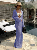 GETADME 2025 Summer Sexy U-neck Bell Sleeve Knit Maxi Dress Women Swimwear Feminine Bikinis Cover-ups Holiday Crochet Beach Dresses K21