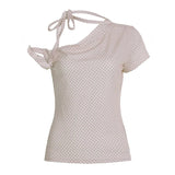 GETADME Sweet Polka Dot Prints T-Shirts Fashion Women Cute Design One-Shoulder Summer Tops Casual Korean Office Lady Commute Slim Tees