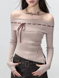 Vintage Elegant Sexy Knitted Pullovers Korean Style Fashion Causal Streetwear One-shoulder Design Slim Sweater Chic 2024