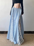 GETADME Lace Patchwork Plaid Long Skirts Women Vintage Loose Sexy A Line Skirt French Retro Elegant Lady Design Sweet Casual Skirt