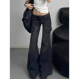 GETADME ZHIZOU Streetwear Vintage Black Jeans Women American Y2K Slim High Waist Flare Denim Pants Casual Multiple Pockets Denim Trouser