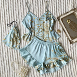 GETADME 3 Pcs Summer Women Dress Silk Pajamas Fashion Print Suspenders and Shorts With Hanging Bag Home Wear Set Sexy