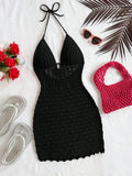 GETADME Women's V-Neck Strapless Dress, Hollow Out, Wooden Bead, Slim Fit, Gradient Color, Knitted, Sexy, Vacation Wear