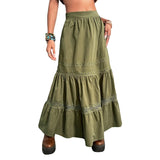 Getadme- 90s Vintage Green Pleated Skirts Korean Fashion Holiday Boho High Waist Long Skirts Retro Y2K Fairycore Cute Lace Trim Clothes