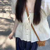 GETADME Lace Shirts and Blouses Korea To-neck Ashion Woman Blouse 2025 Petal Short Sleeve Ruffles Ladies Top Female Solid Clothes New