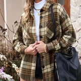 GETADME 스팟 칼라 싱글 브레스티드 셔츠 커뮤터 여성용 루즈 플레드 울 코트