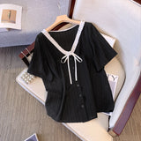 Plus size women's summer casual chiffon sweater frilly collar lace-up decorative cardigan comfortable breathable commuter blouse