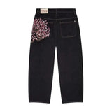 GETADME Gothic Sakura Jeans Y2K Clothes Men Women Harajuku Casual Sakura Embroidery Vintage Black Baggy Jean High Waist Wide Leg Trouser