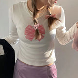 Getadme-Cute Bow Print Cropped Top White Coquette Slim-fit Long Sleeve T-shirts Sweet Casual Basic Knitted Tops Y2K Autumn 2023