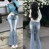 GETADME Sand Blast Washed Korean Fahion Internet Celebrity Hot Sell Jeans Low Waist Flare Jeans Cotton Elastic Denim Pants Women