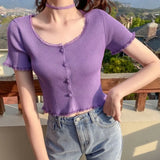 GETADME Korean Style Summer Spring Lace T-shirt Button Stylish Crop Top Slim Fit Knitted Cardigans
