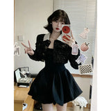 Getadme-Y2K Black Mini Dress Women Korean Square Collar Long Sleeve One Pieces Dresses Party Prom Elegant Bodycon A Line Vestidos