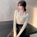 GETADME Womens Korean version Long Sleeve Sweater Off Shoulder Sexy Knitted Pullover Jumper Sweaters Knit Sweater Casual Loose Blouse