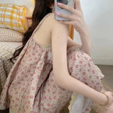 GETADME 여성용 새 잠옷 홈웨어 세트 여름 레트로 작은 브로큰 플라워 홀터넥 반팔 긴바지 얇은 잠옷 홈웨어 세트