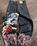 GETADME Streetwear Y2K Jeans Mens Womens Casual Hip Hop Punk Baggy Jeans Retro Oversized Graphic Embroidery High Waisted Wide Leg Jeans