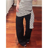 GETADME Women's American Blue Button Design Jeans Low Waist Straight Leg Loose Wide Leg Drapey Long Pants Y2K Style Slimming Denim