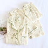 봄/여름 얇은 코튼 더블 거즈 파자마 여성 반팔 상의 + 반바지 + 바지 크레이프 3피스 홈 서비스 슈트