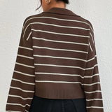 GETADME New European American POLO Collar Shoulder-sleeved Knitted Sweater Spring Autumn Casual Contrasting Striped Sweater Women